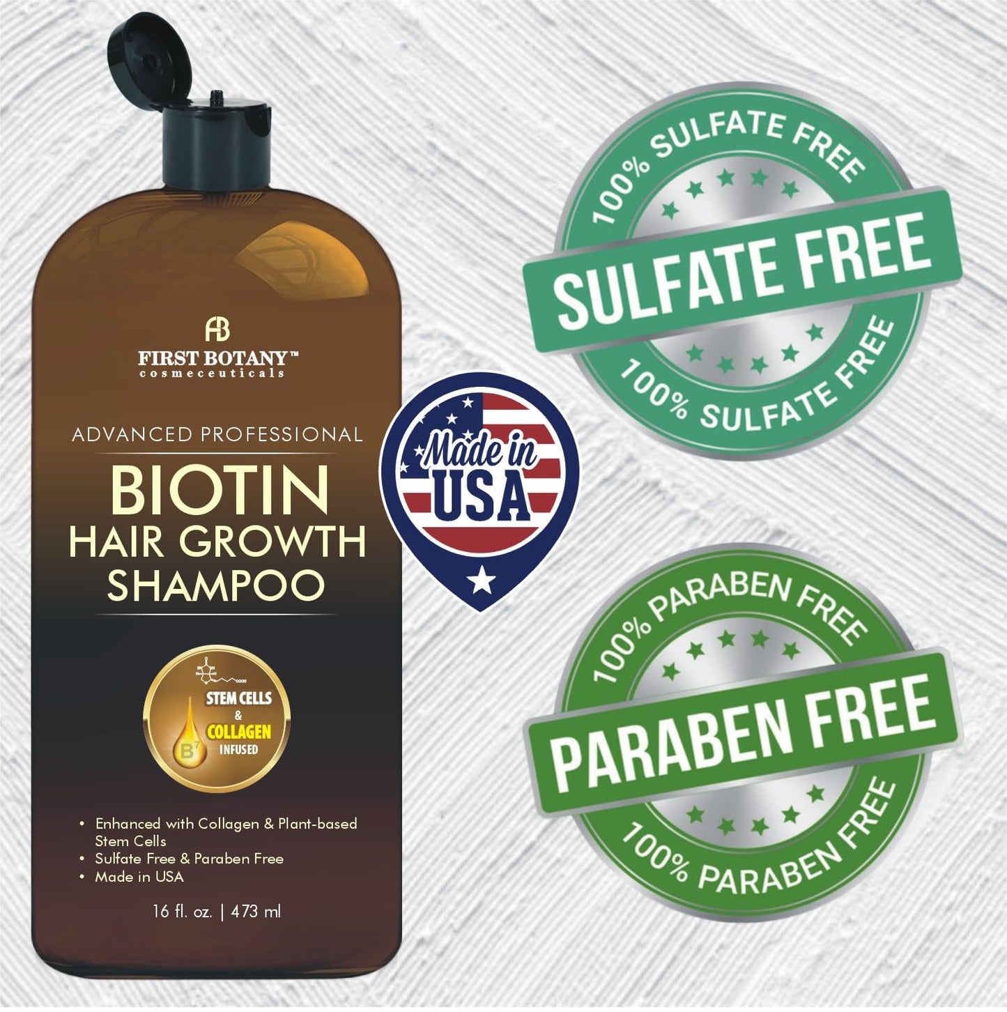 Sixteen fluid ounces bottle of First Botany sulfate free biotin shampoo for hair volume