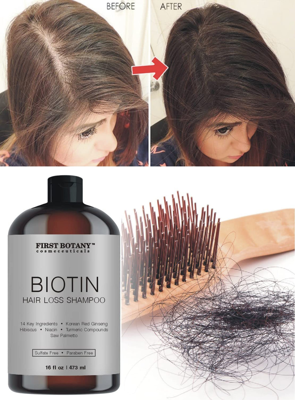 First Botany shampoo bottle label close up showing fourteen DHT blockers and biotin details