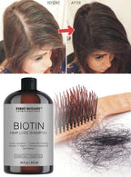 First Botany shampoo bottle label close up showing fourteen DHT blockers and biotin details