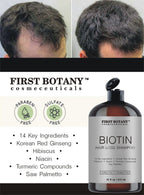 First Botany hair loss shampoo bottle side view highlighting daily hydrating and volumizing benefits