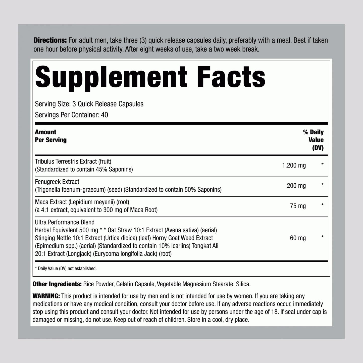 Fitness Labs Tribulus Terrestris supplement facts label