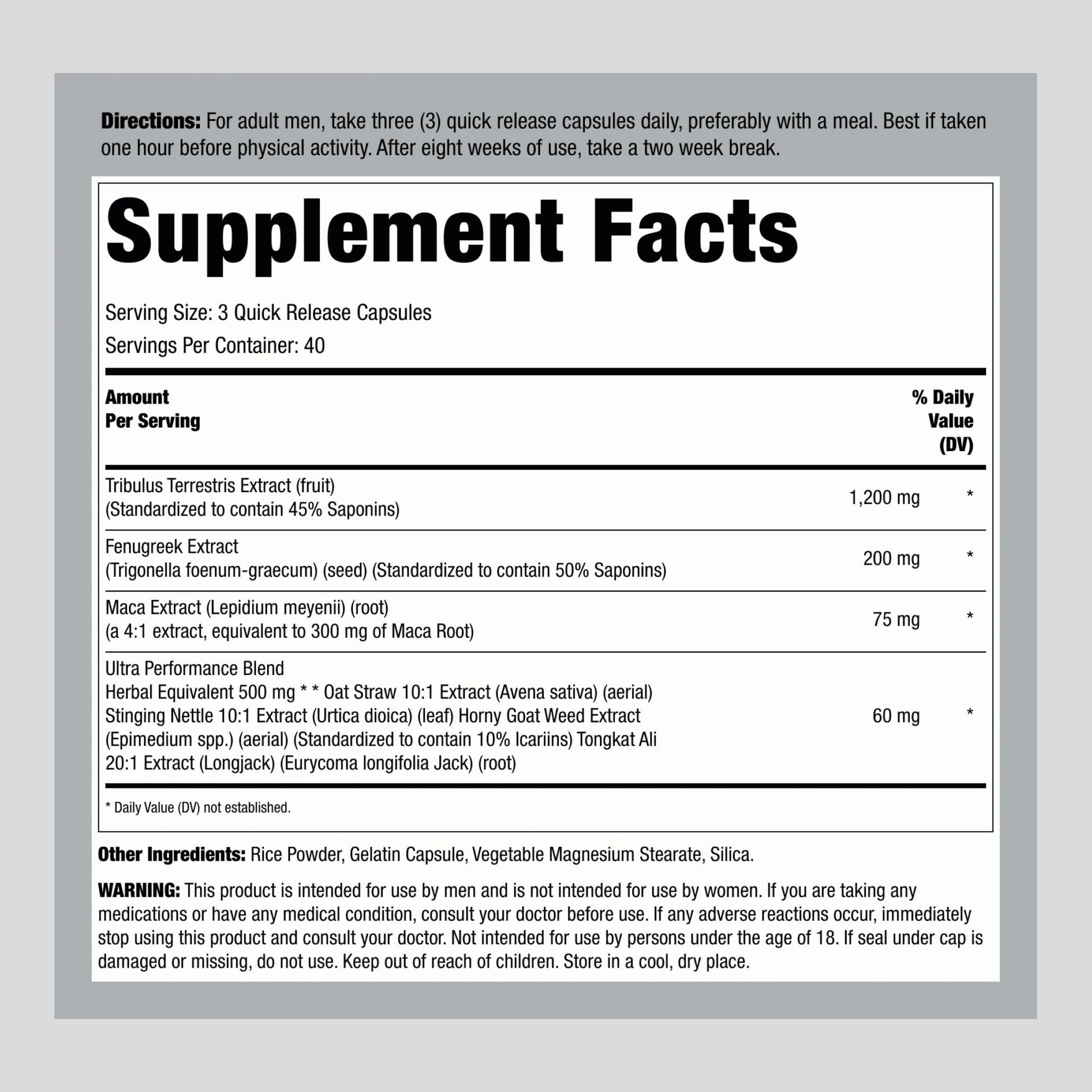 Fitness Labs Tribulus Terrestris supplement facts label