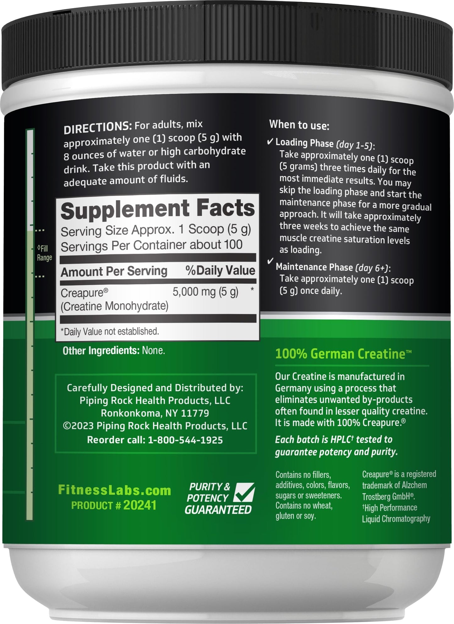 Fitness Labs German Creatine 500 gram container label details