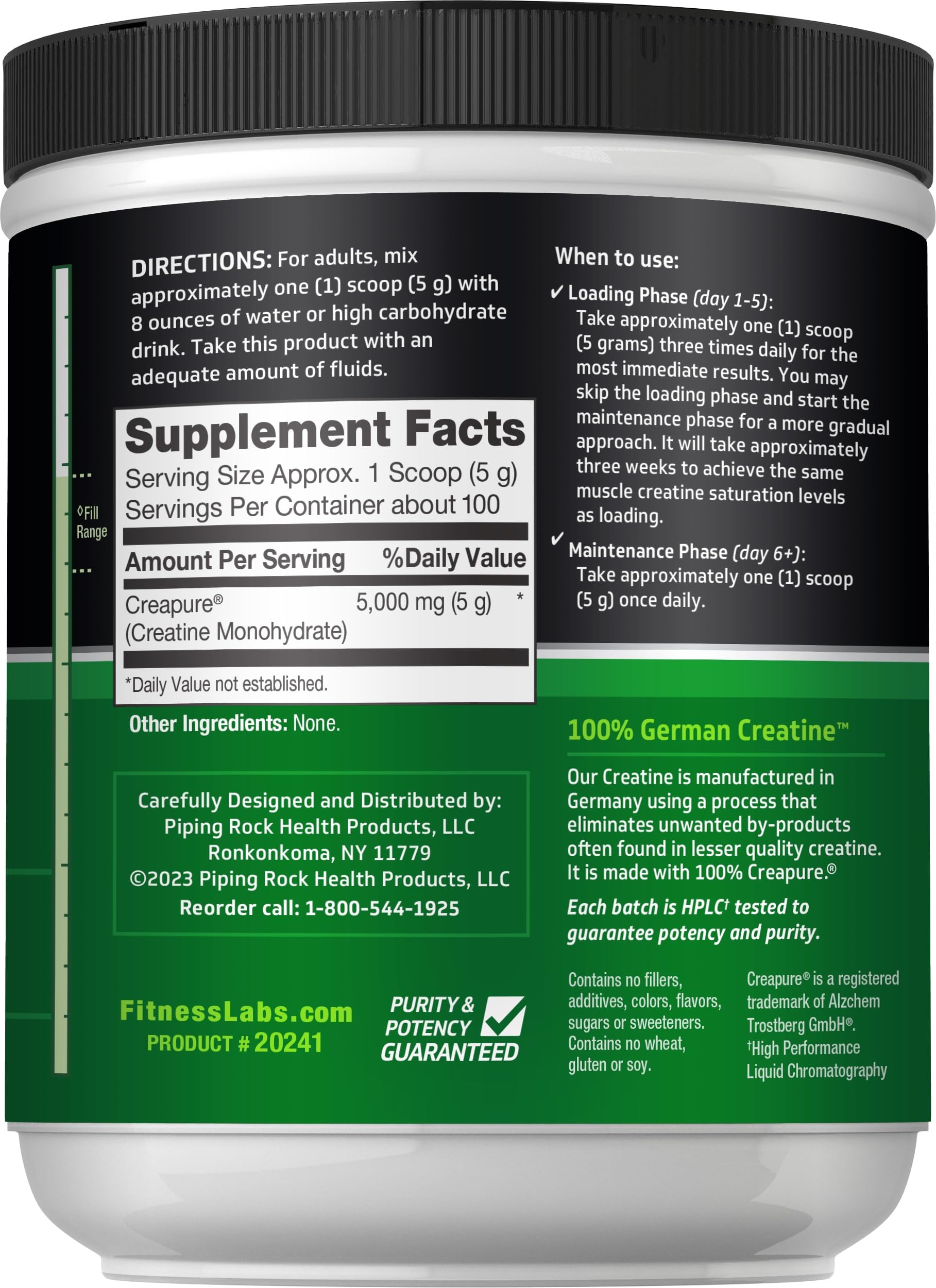 Fitness Labs German Creatine 500 gram container label details