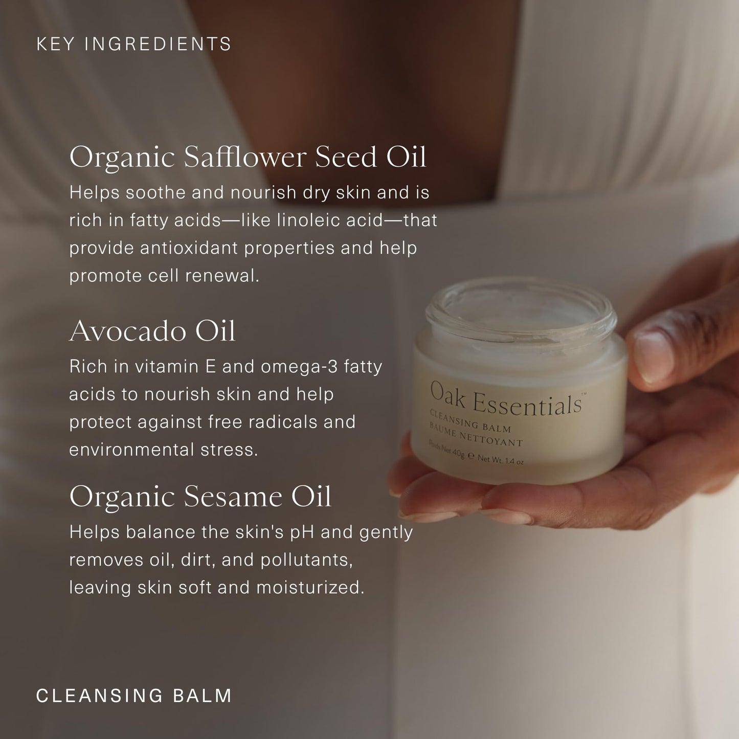 Oak Essentials Cleansing Balm ingredients list on jar