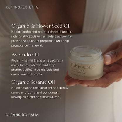 Oak Essentials Cleansing Balm ingredients list on jar