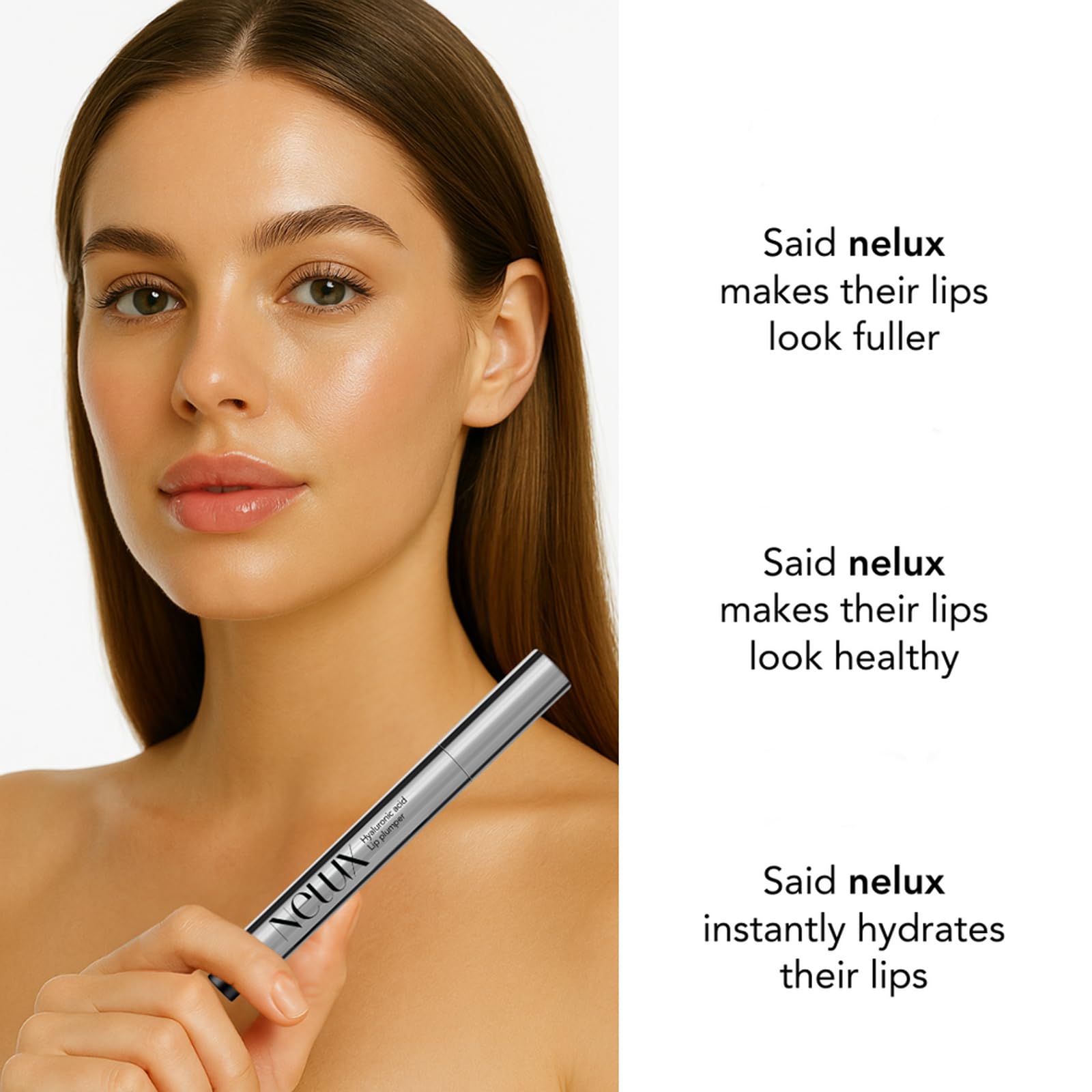 Nelux lip plumper applied on lips for volume