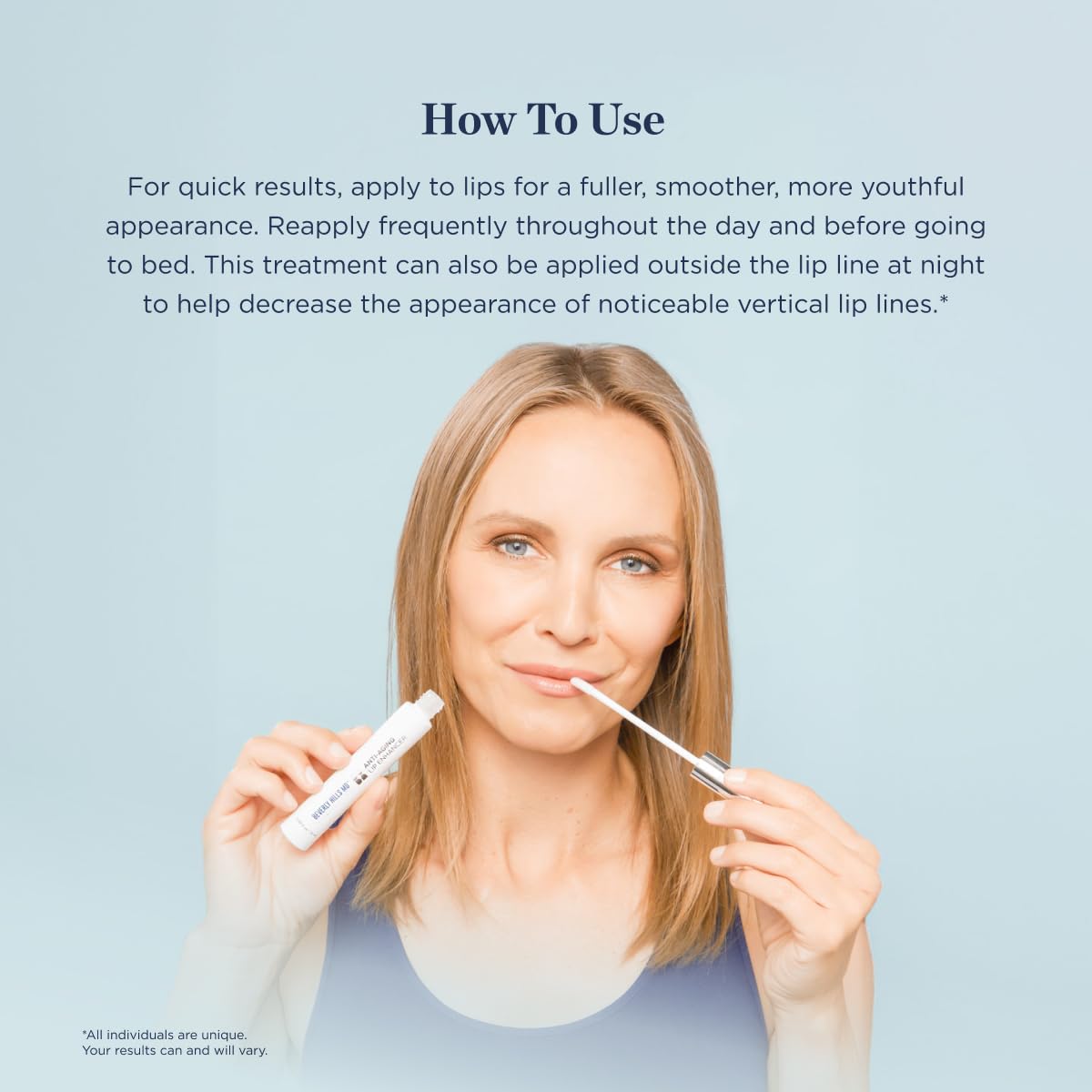 Model applying Beverly Hills MD lip enhancer for fuller lips