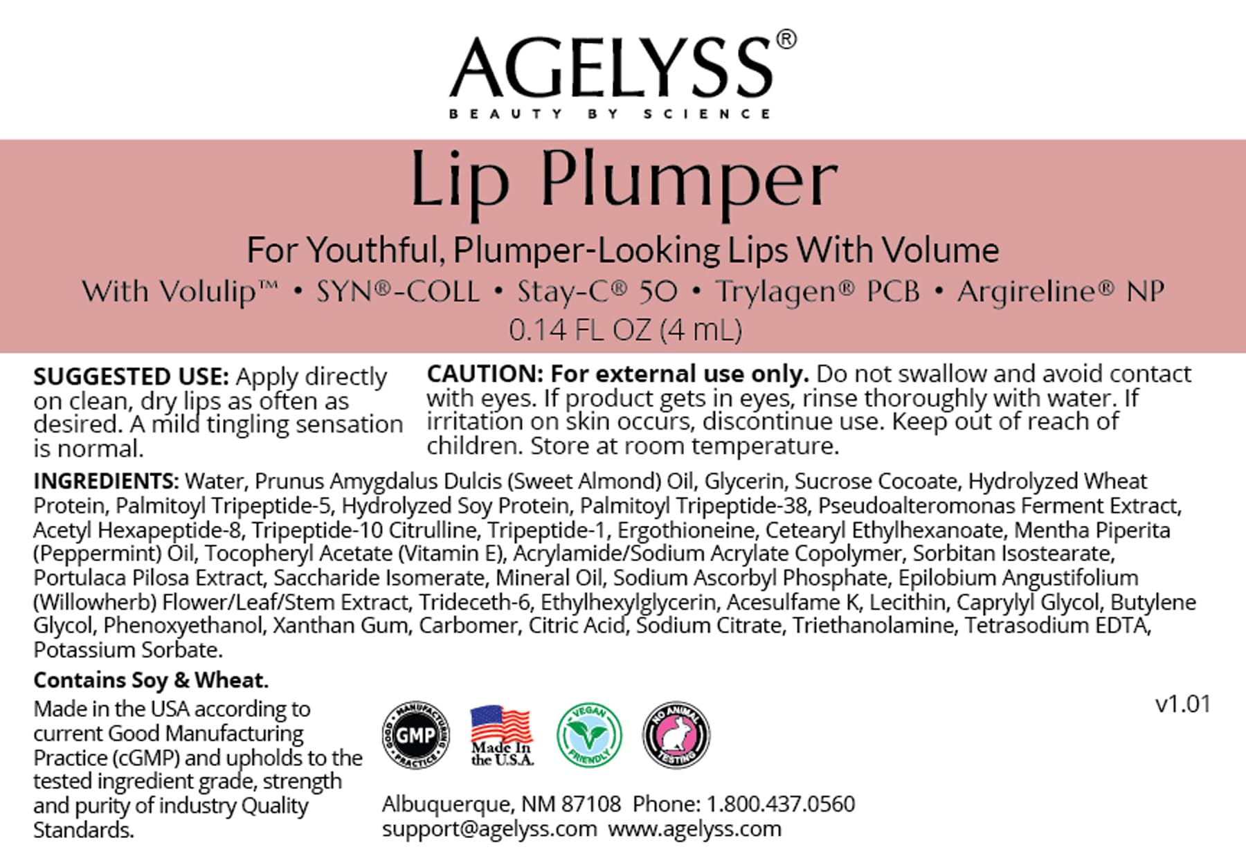 Agelyss lip plumper with Volulip ingredient focus