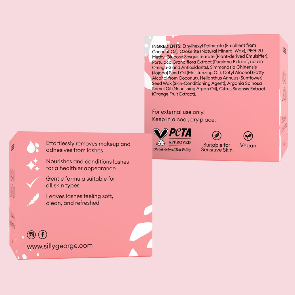 Silly George lash adhesive removal balm box packaging flat lay