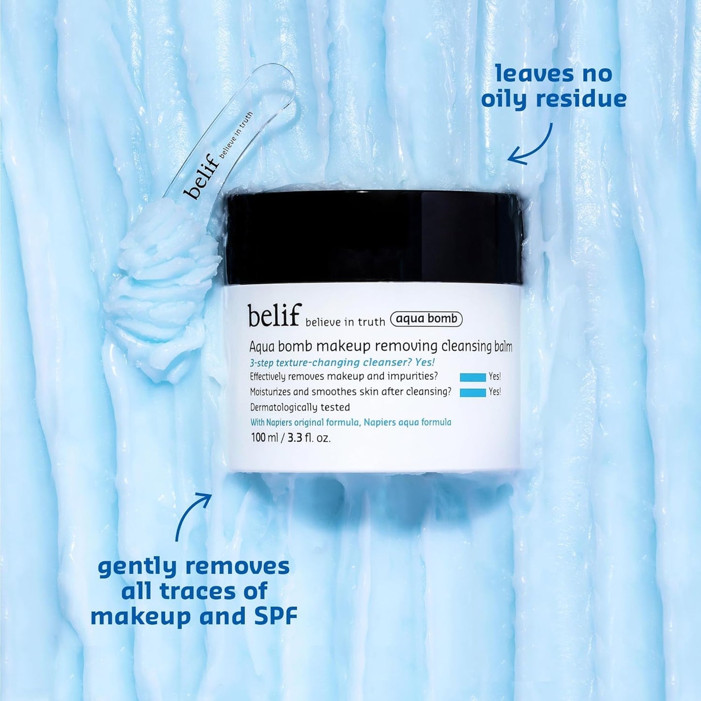 Open jar of Belif Aqua Bomb Cleansing Balm with spatula