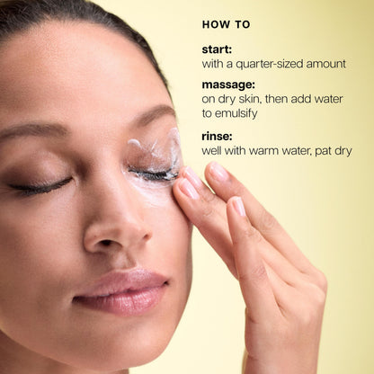 Philosophy cleansing balm showing usage transformation from cream to milk.