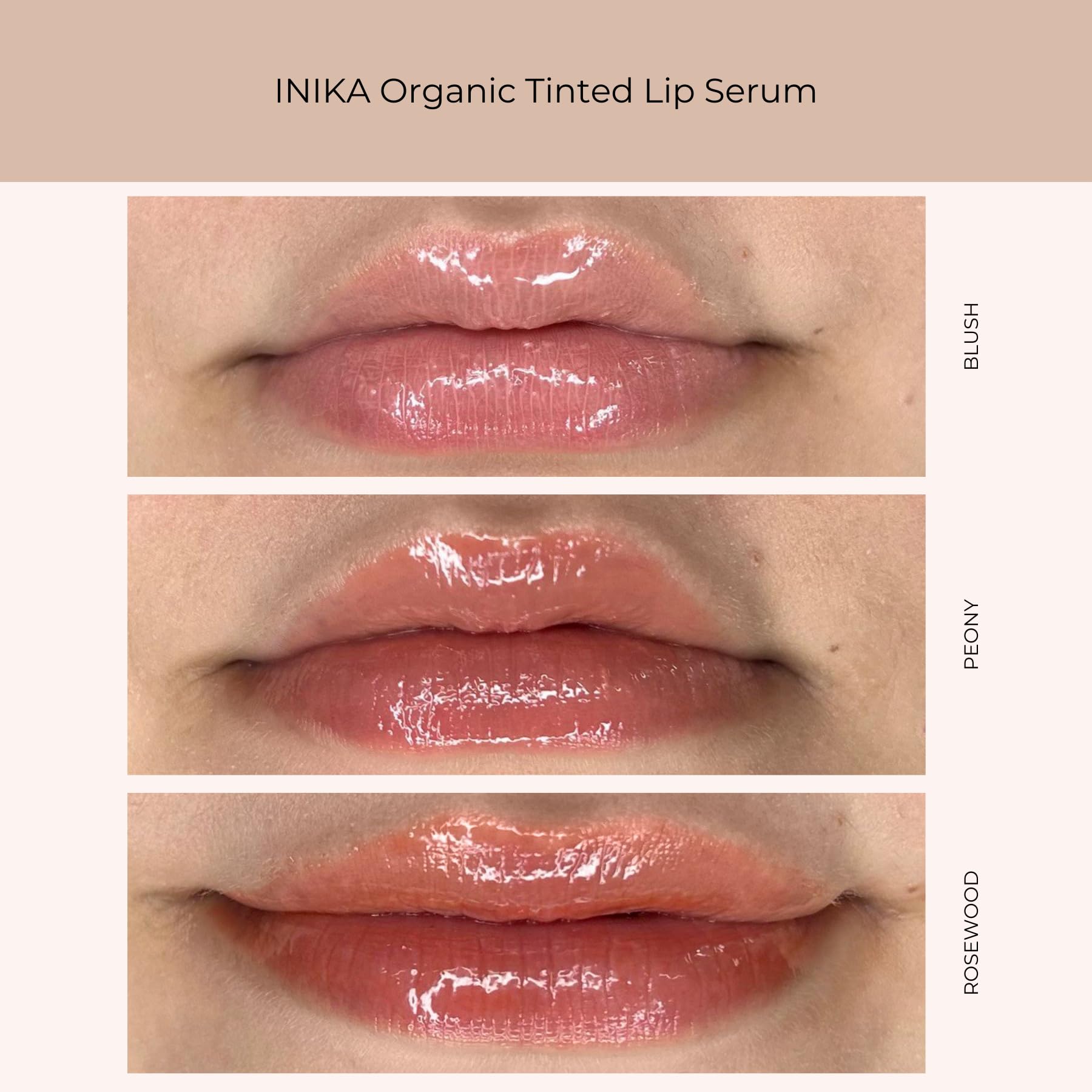 Inika Organic Tinted Lip Serum applied on lips for glossy finish