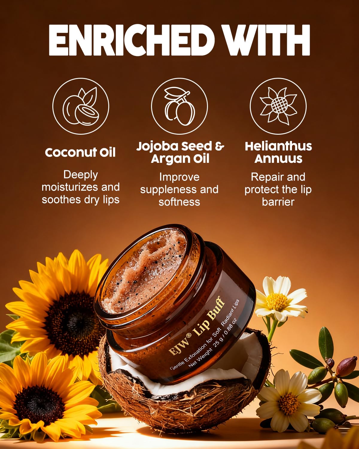 Open jar of EJW brown sugar lip scrub showing product