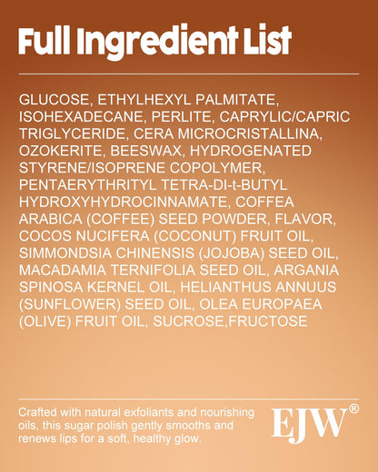 EJW lip scrub jar next to coconut and coffee beans