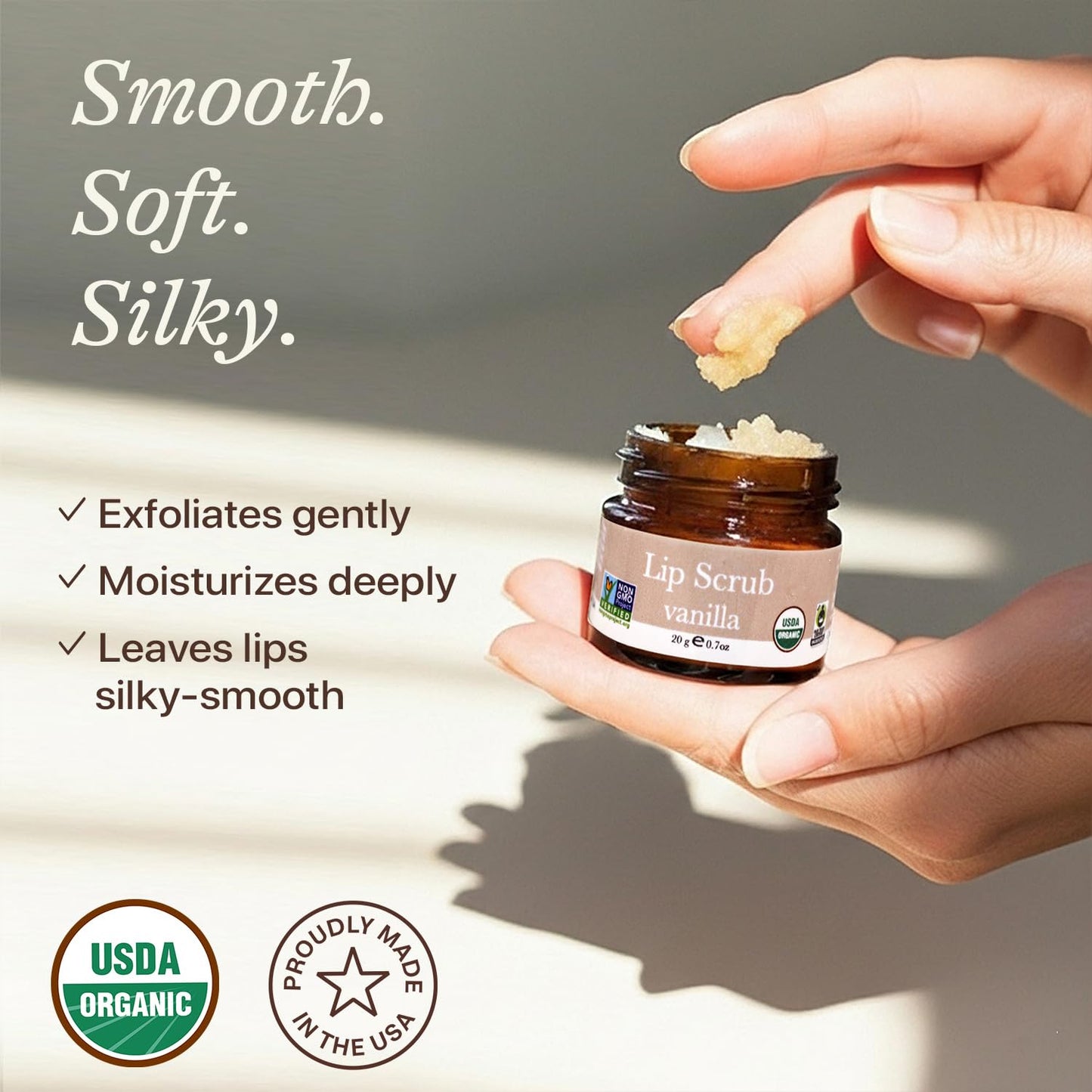 Open jar of USDA organic vanilla lip scrub for dry lips