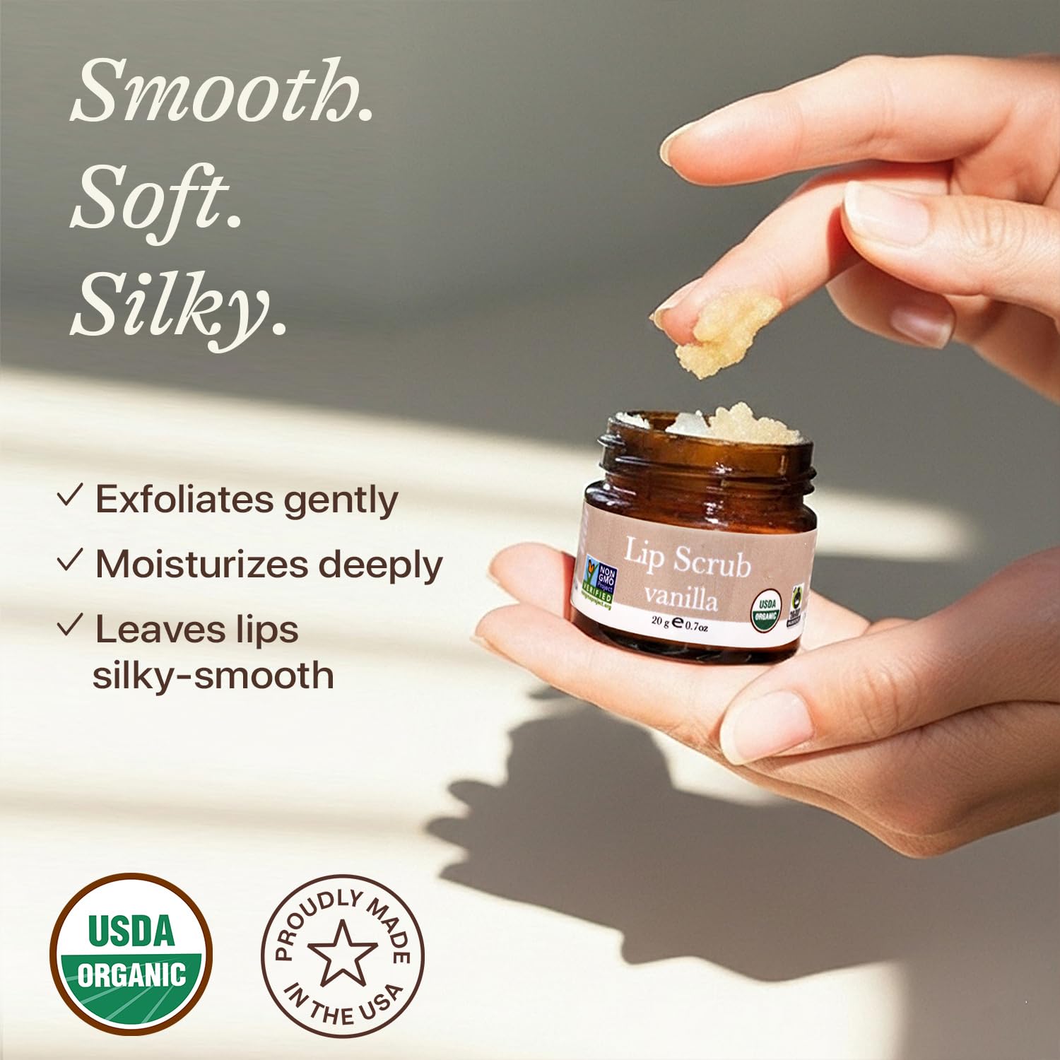 Open jar of USDA organic vanilla lip scrub for dry lips