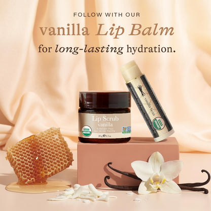 Lifestyle shot of vanilla flavored organic lip sugar scrub