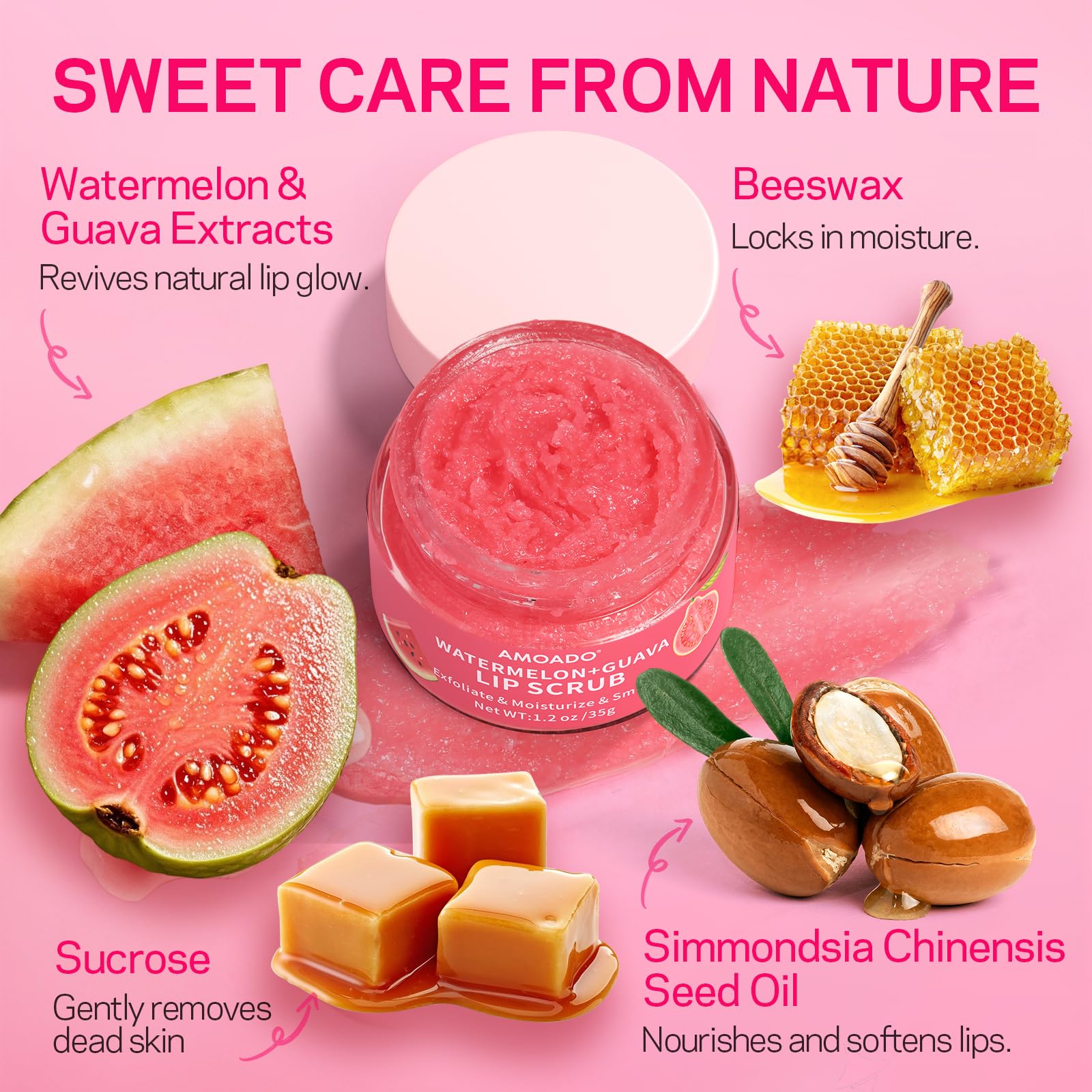 Amoado exfoliating lip scrub for dark lips product packaging