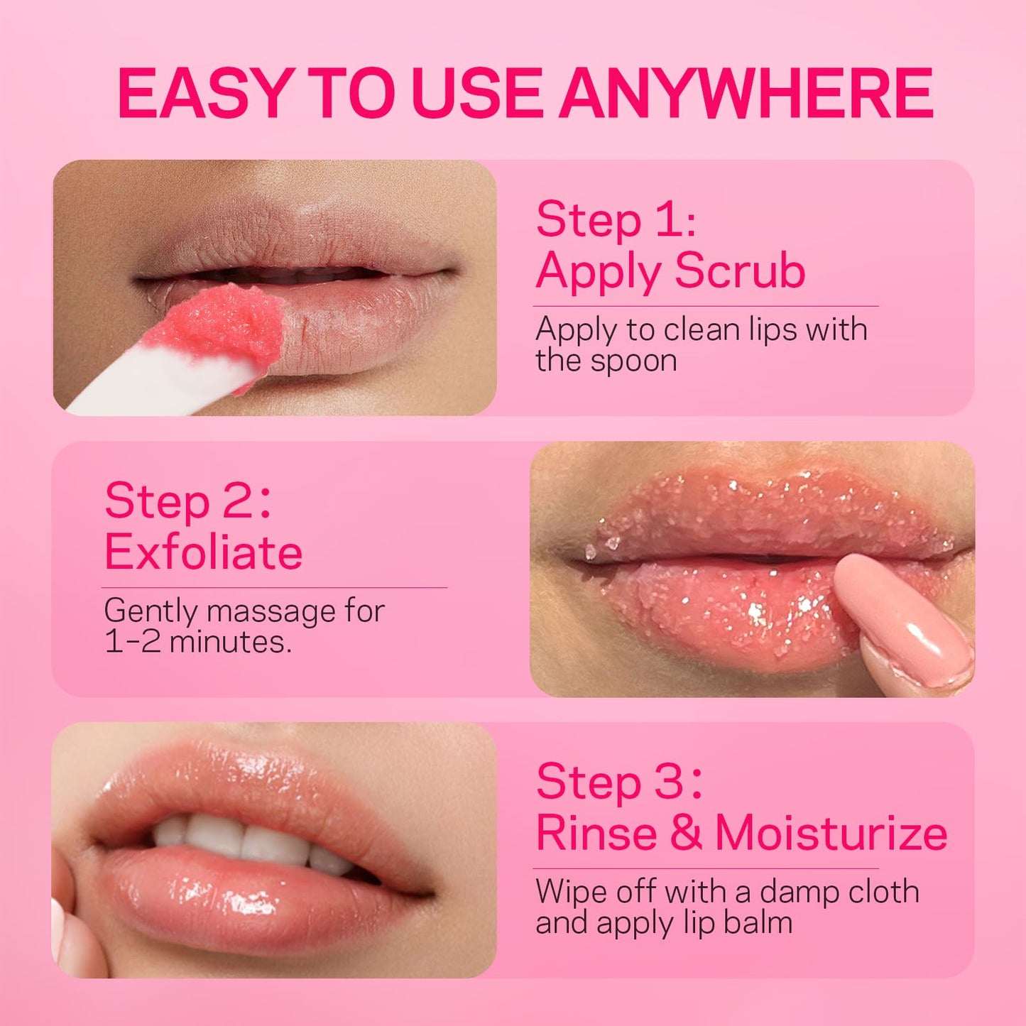 Application of Amoado lip scrub on lips for smooth texture