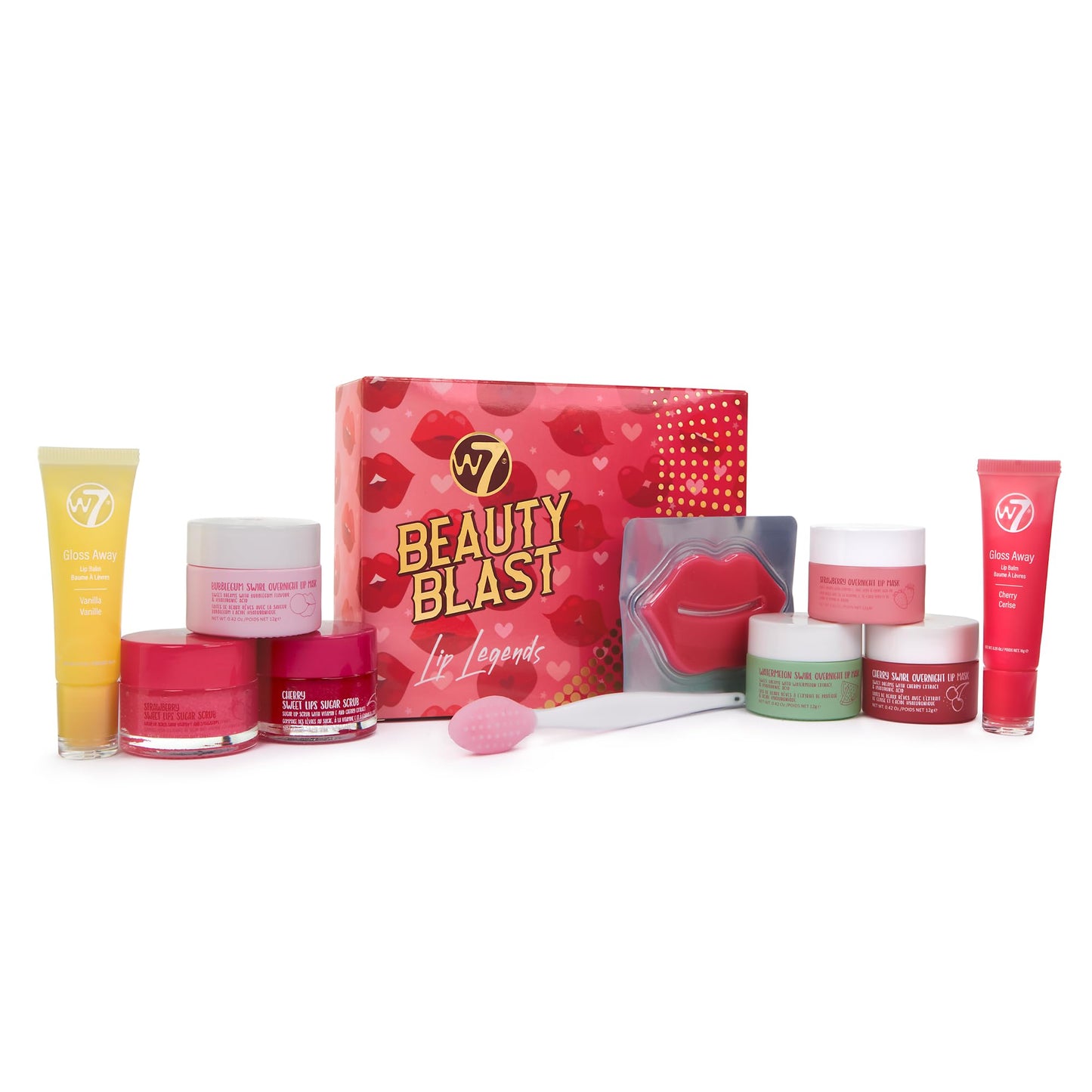 W7 lip care products with cherry and bubblegum flavor branding