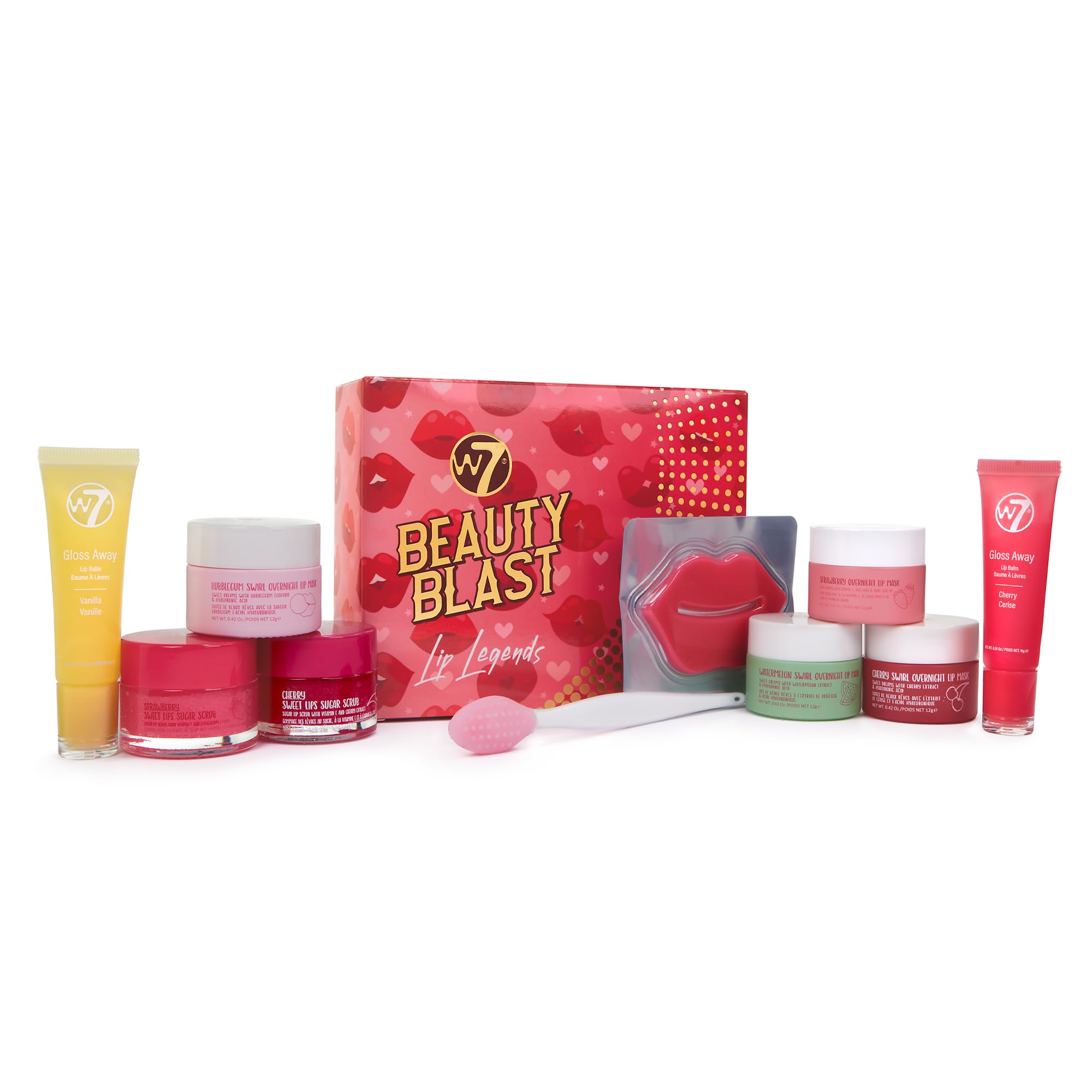W7 lip care products with cherry and bubblegum flavor branding