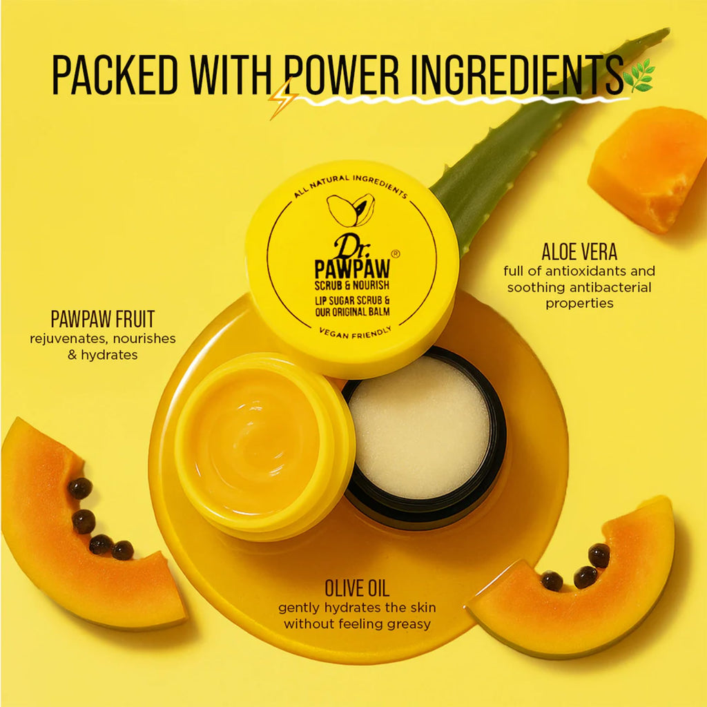 Dr. PawPaw Scrub And Nourish lip duo held in hand to demonstrate compact size and portability.