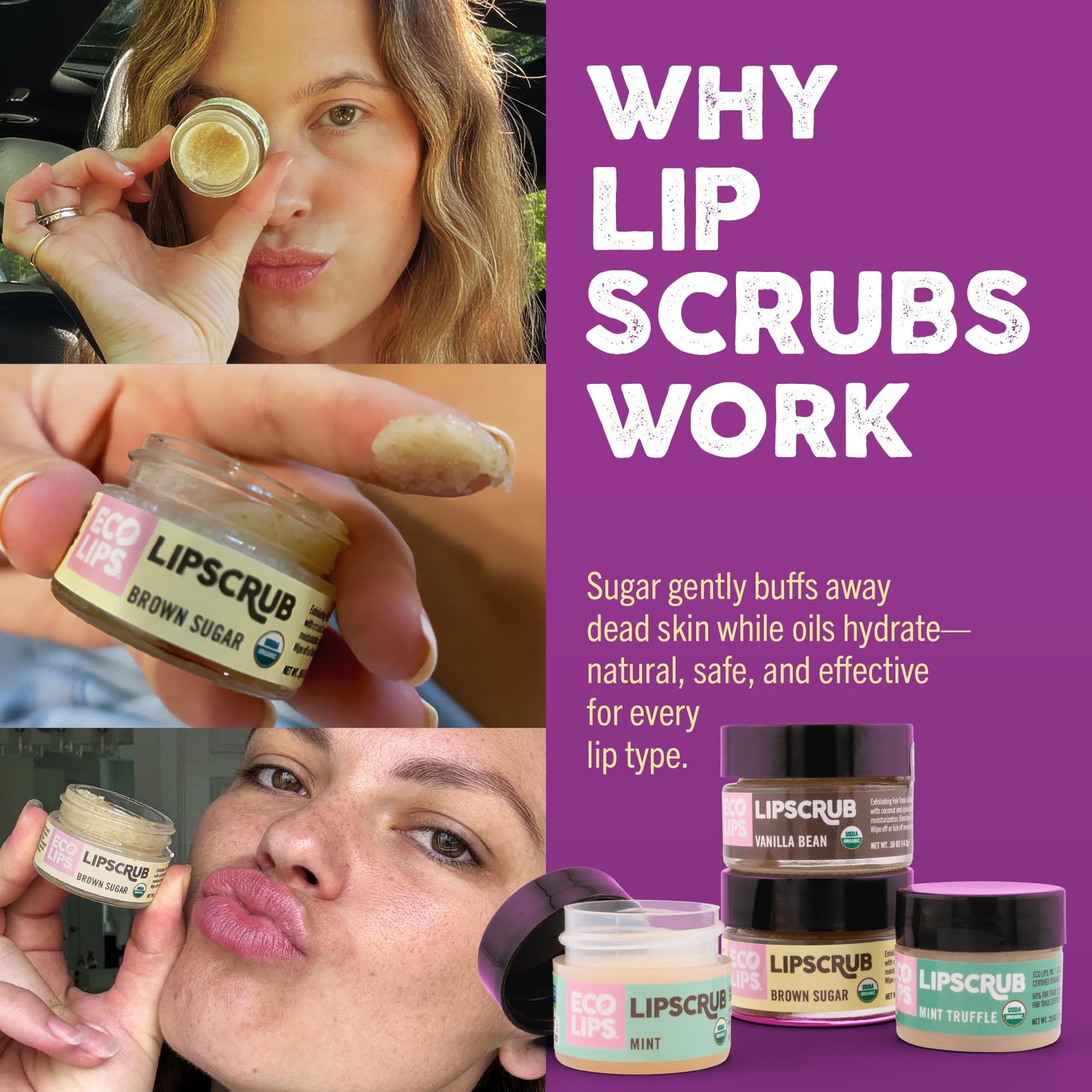 Eco Lips scrub applied on model lips for exfoliation