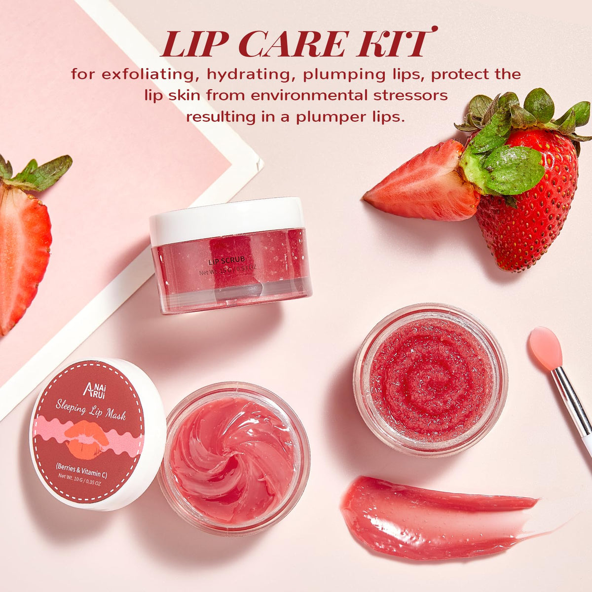 Demonstration of lip scrub texture and botanical ingredients