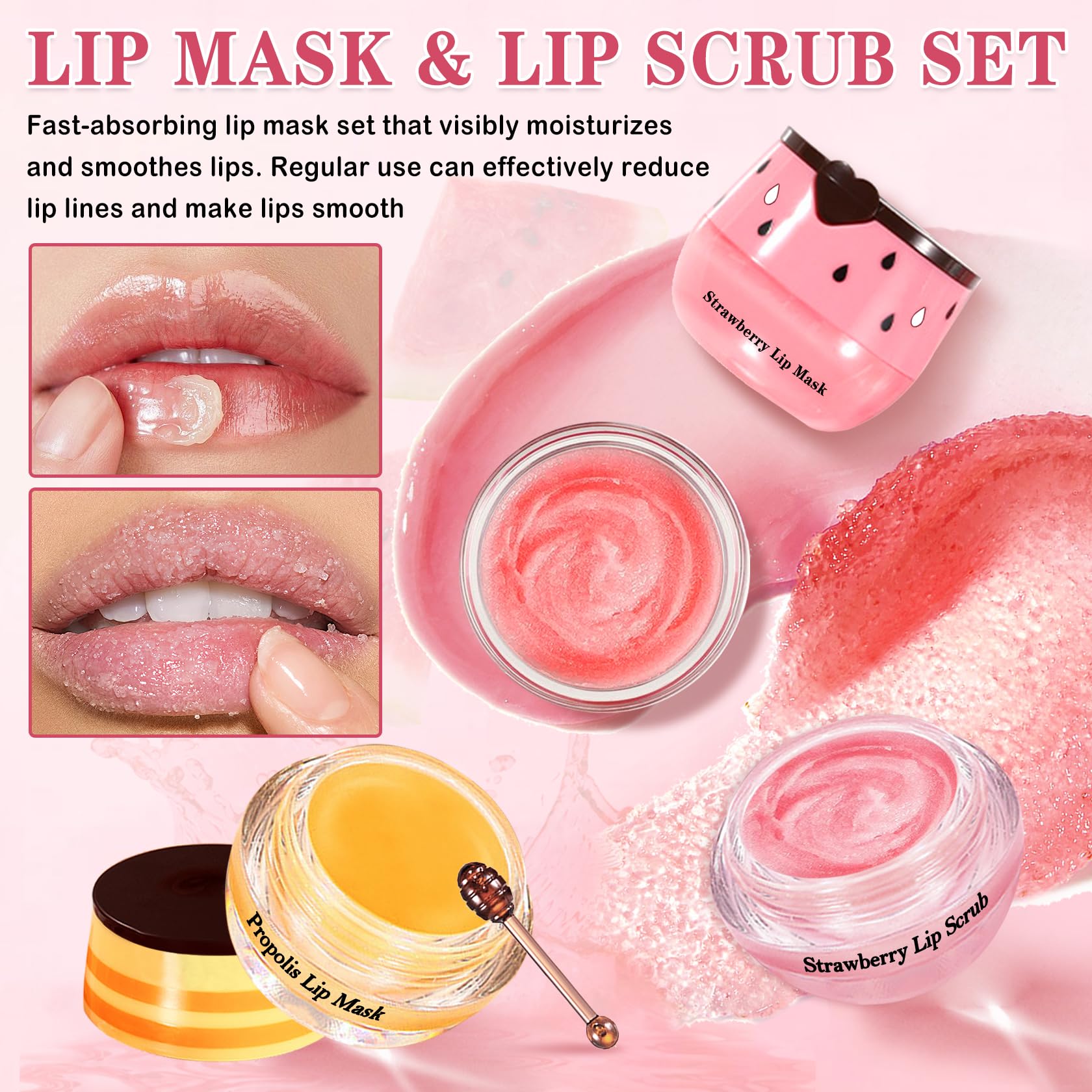 Open containers of strawberry lip scrub and honey lip mask