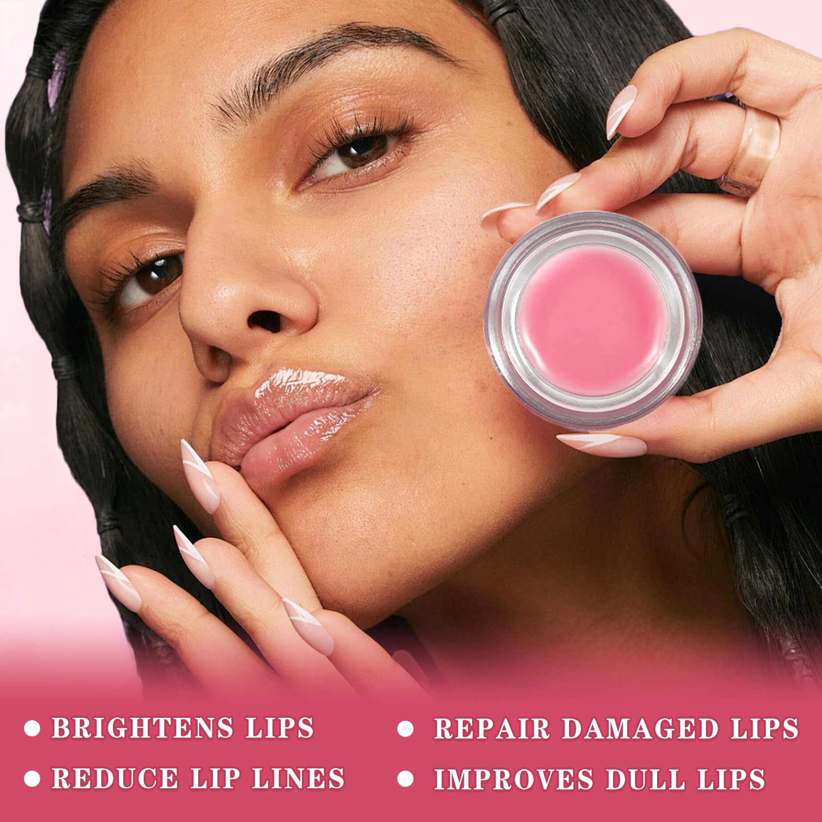 Set of four lip care pots arranged on a table
