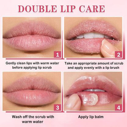 Educational graphic showing lip exfoliation and moisturizing steps