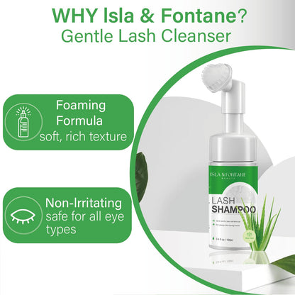 Close up of 100 milliliter lash shampoo bottle