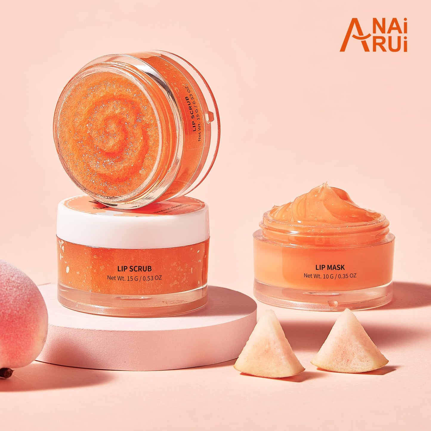 Application of Anai Rui peach lip scrub on lips
