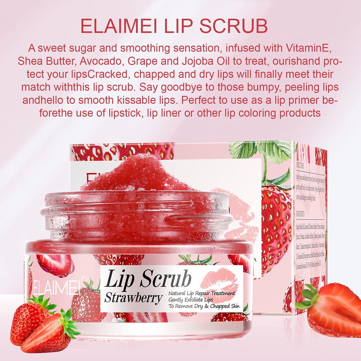 Elaimei strawberry lip scrub ingredients display