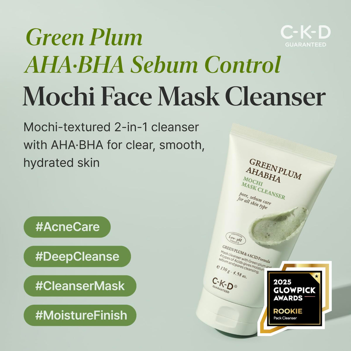 CKD Green Plum AHA BHA Clay Mask Cleanser tube and texture display