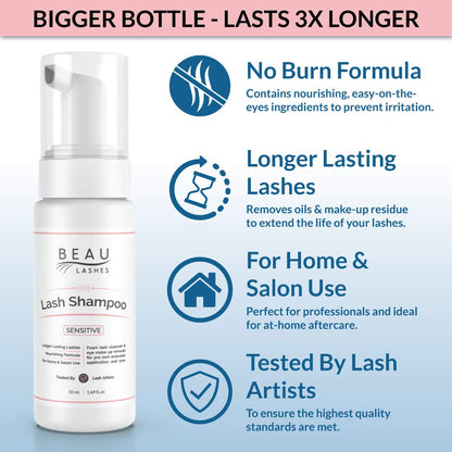 Beau Lashes sensitive eyelash shampoo kit front view showing authentic packaging