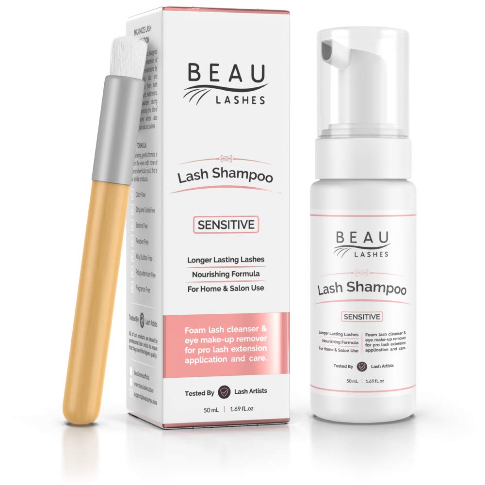 Complete packaging set of Beau Lashes eyelash extension cleanser shampoo and brush