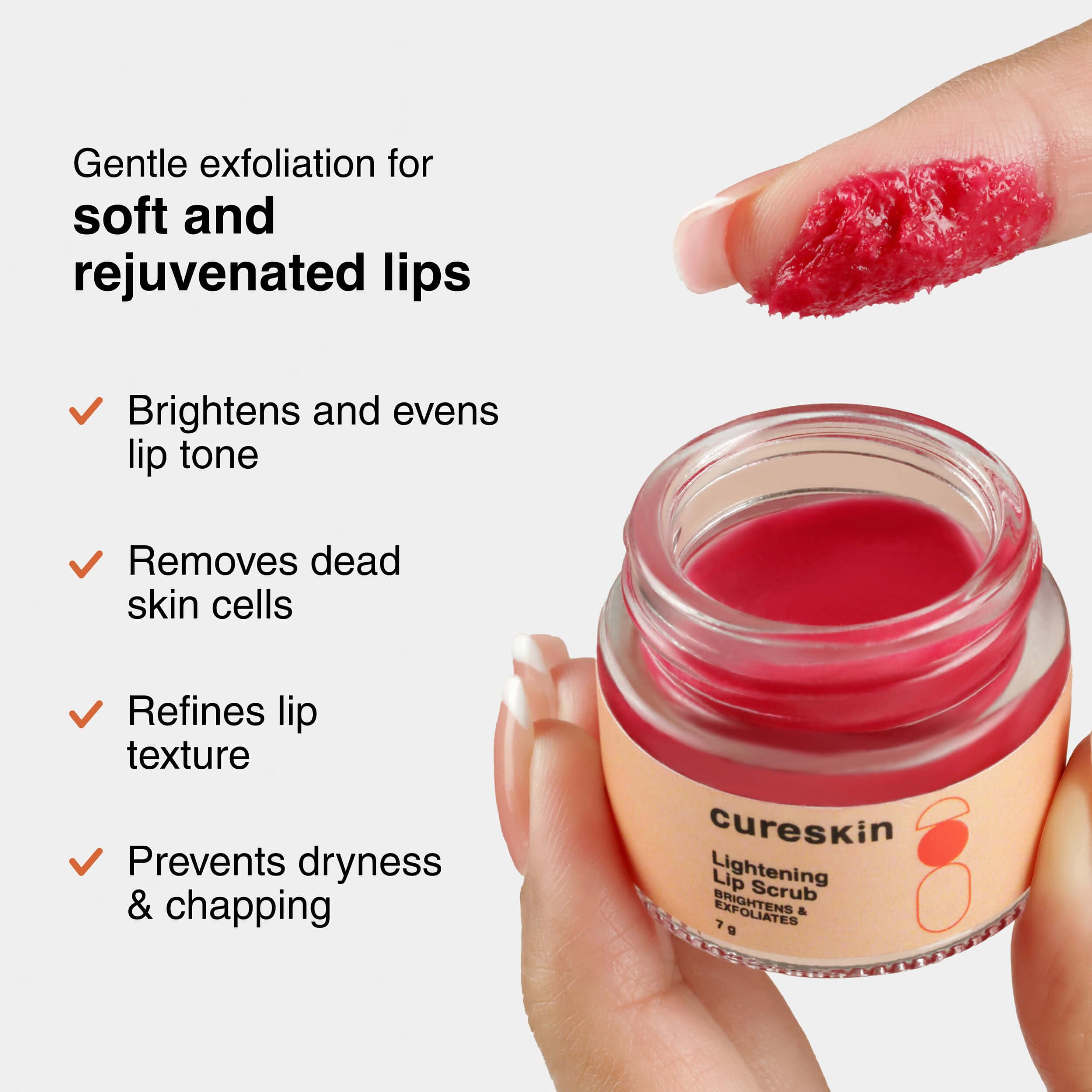 Cureskin lip scrub packaging showing walnut and beetroot ingredients