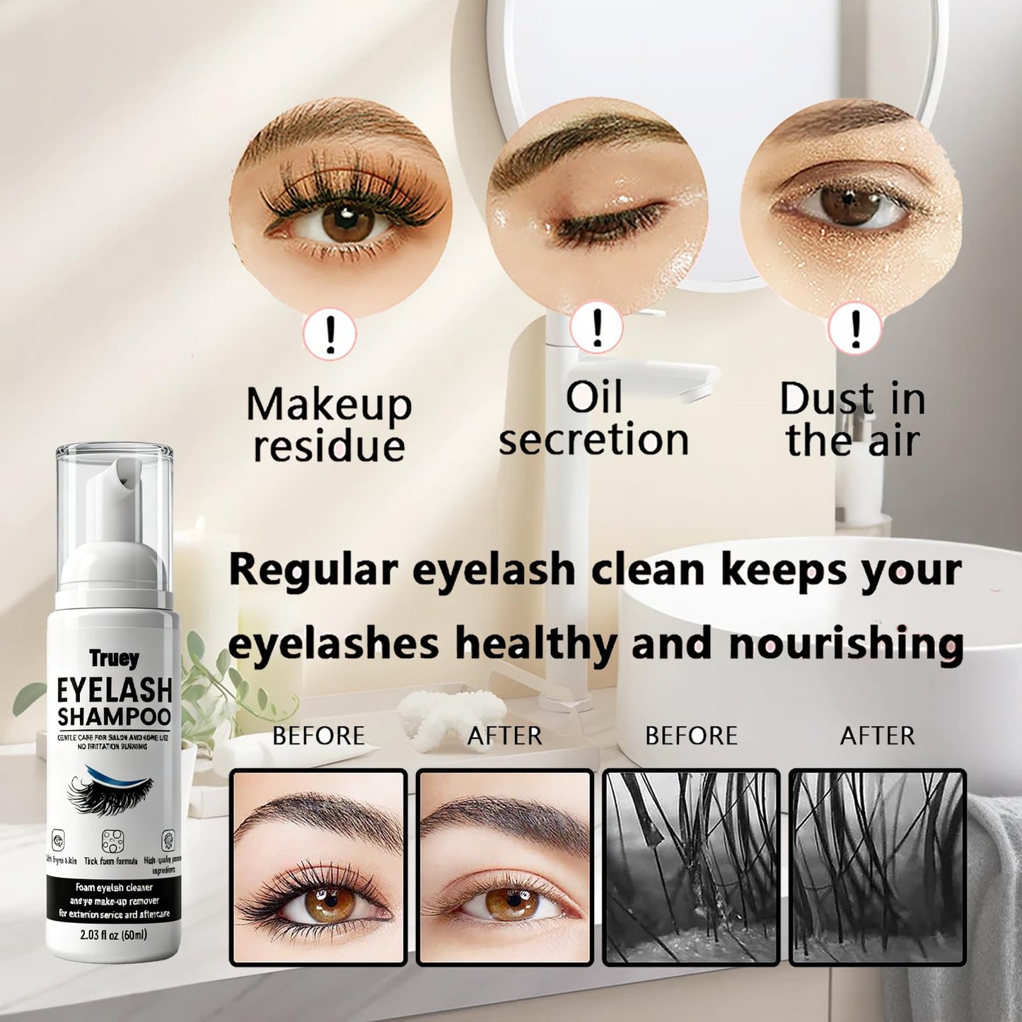 Truey foaming lash cleanser bottle with applicator brush