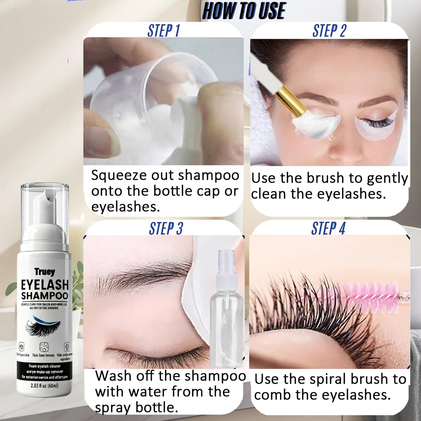 Demonstration of lash extension cleaning with foam and brush