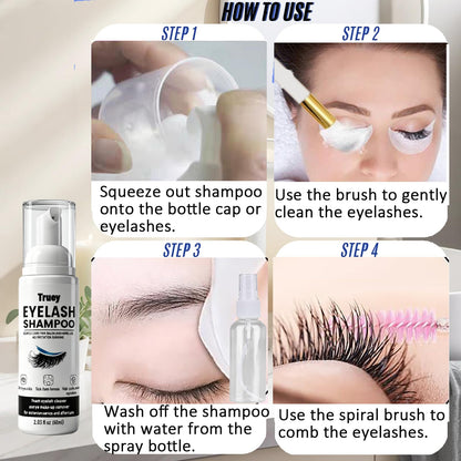 Demonstration of lash extension cleaning with foam and brush