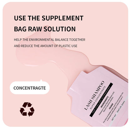 Eyeluvlashes concentrate sachet next to a foaming pump bottle