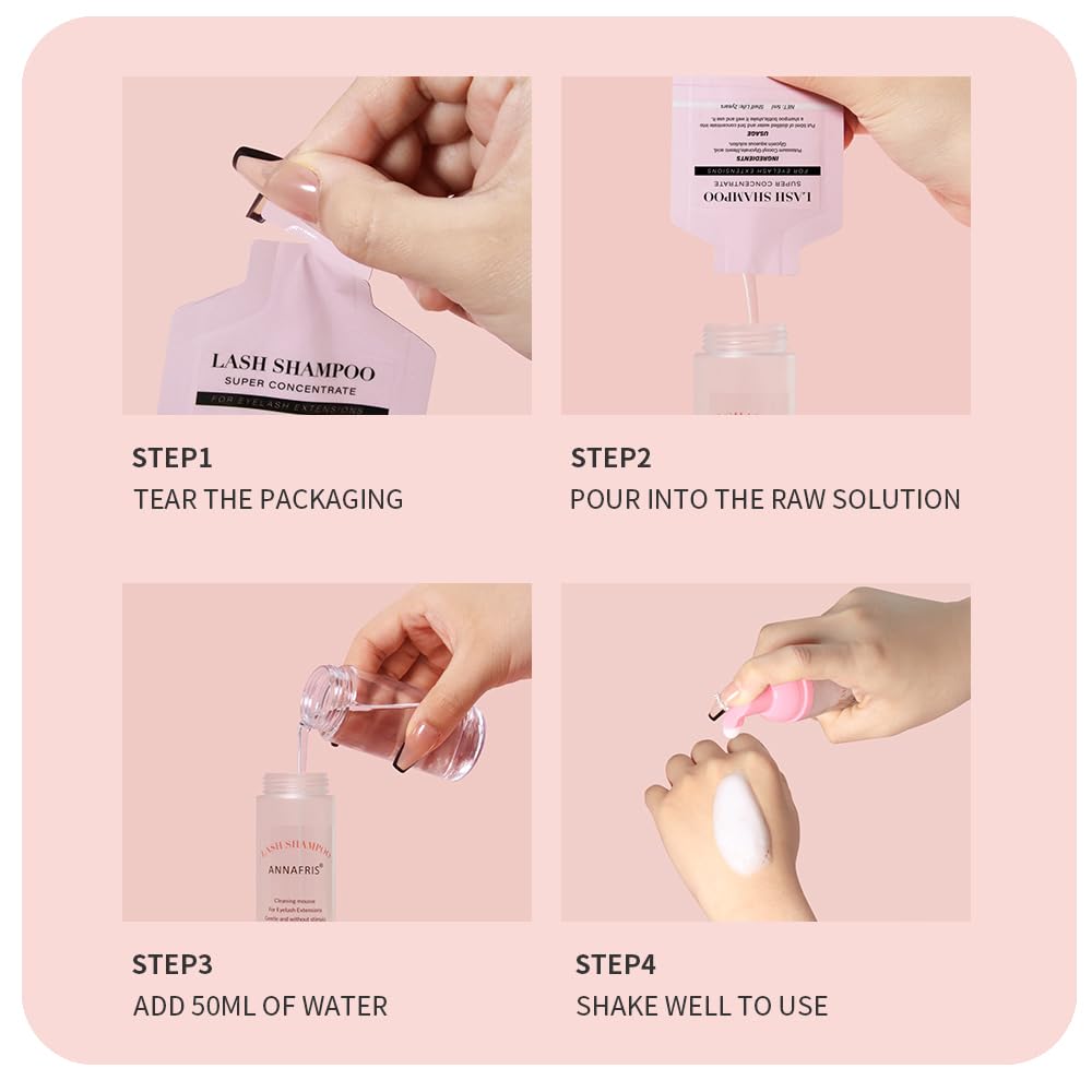 Educational graphic showing how to mix lash shampoo concentrate
