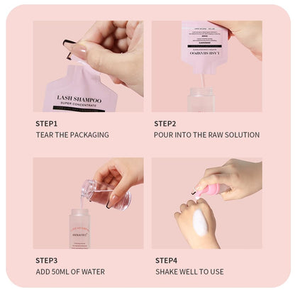 Educational graphic showing how to mix lash shampoo concentrate
