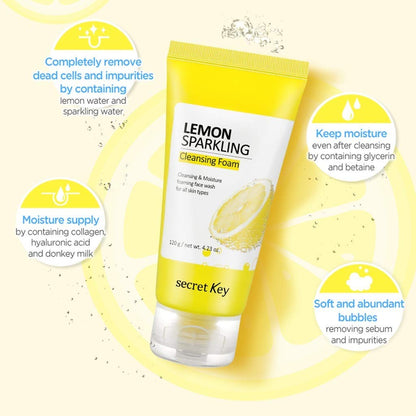 Secret Key Lemon Sparkling Cleansing Foam being squeezed from the yellow tube