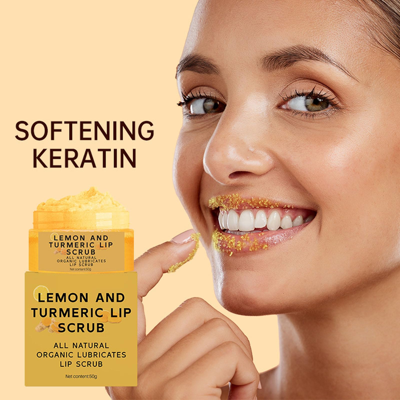 Natural sugar lip exfoliator with turmeric and lemon ingredients
