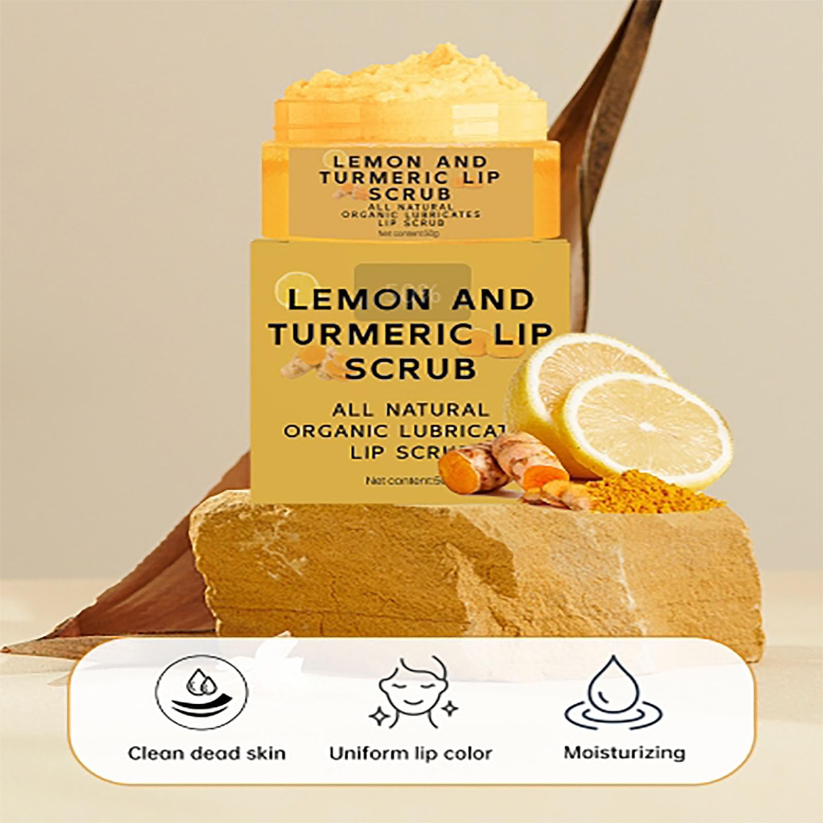 Texture of nourishing turmeric and lemon lip scrub for exfoliation