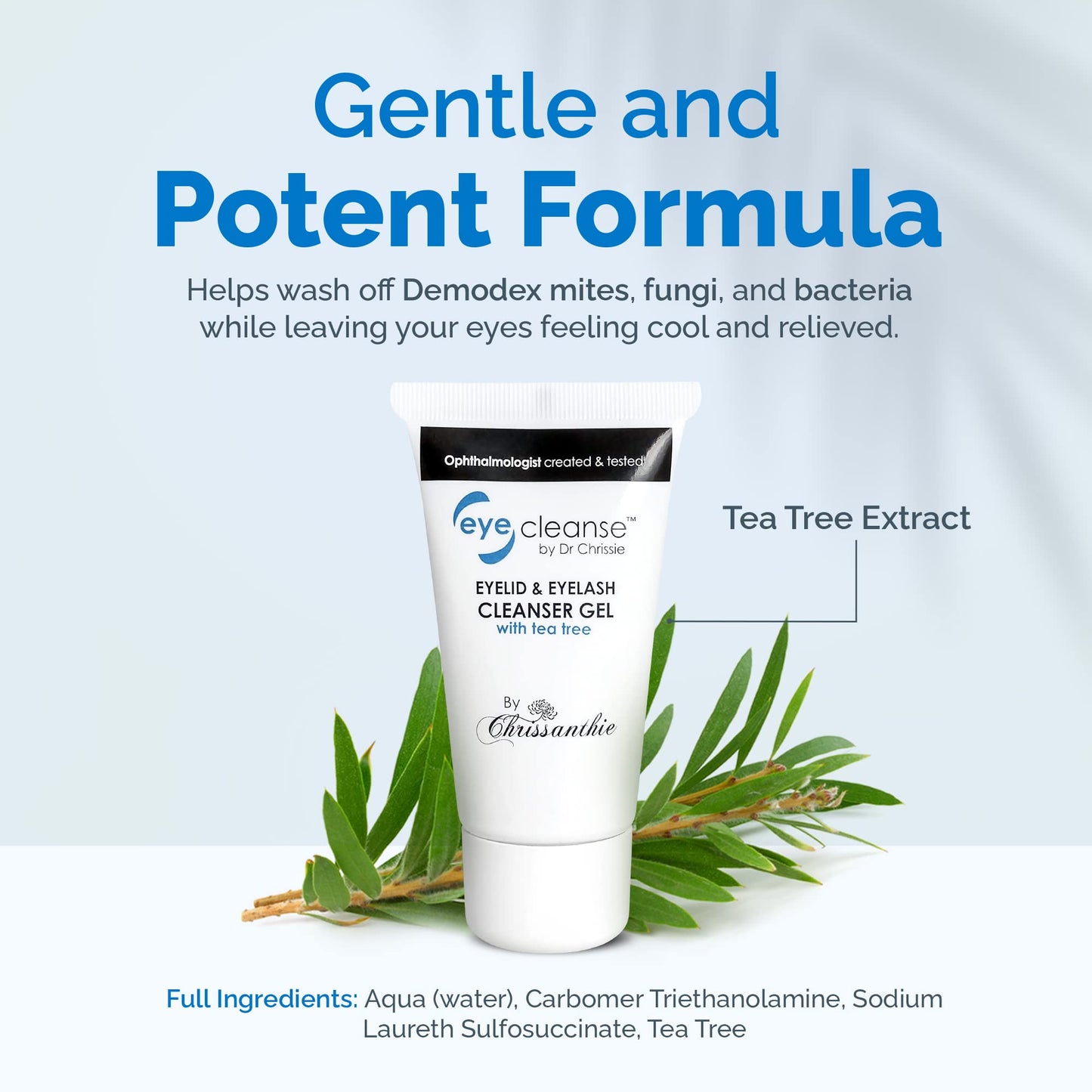 Dr Chrissie EyeCleanse 30ml package showing citrus and tea tree extract callouts