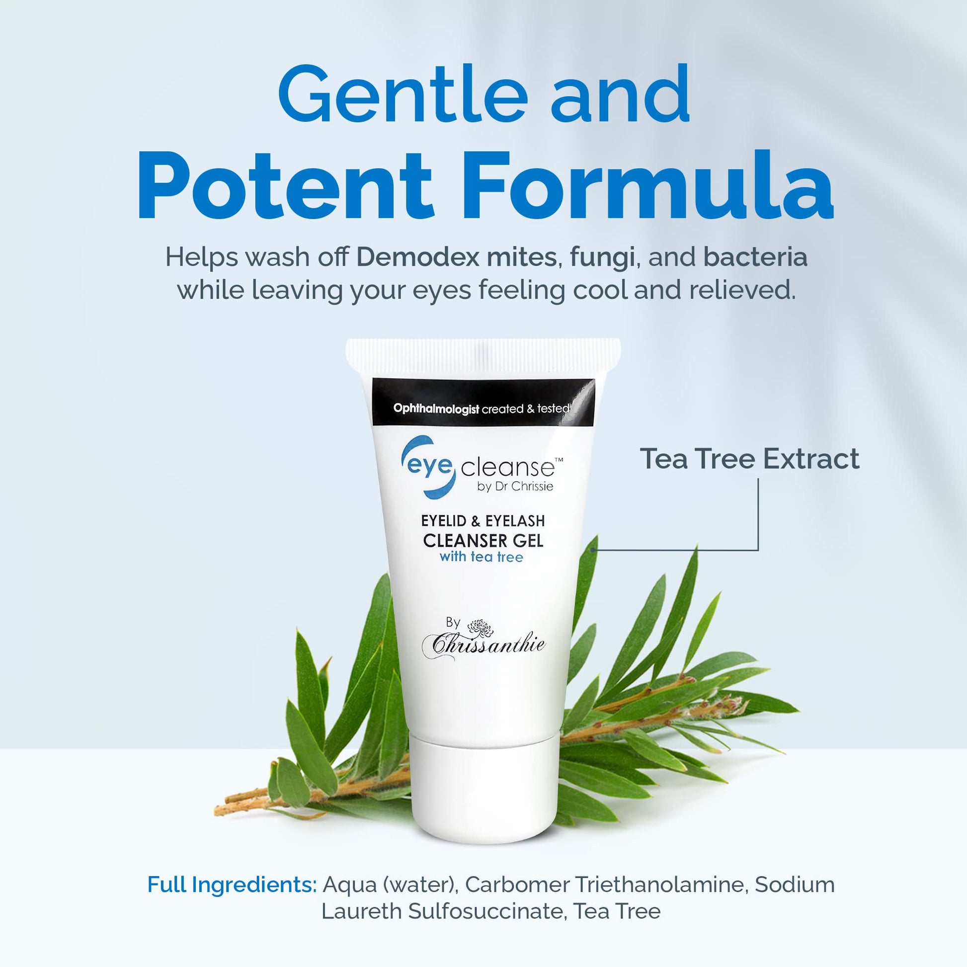 Dr Chrissie EyeCleanse 30ml package showing citrus and tea tree extract callouts